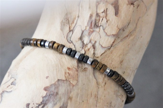 Bracelet perles heishi en oeil de tigre, hématite et hématite argentée