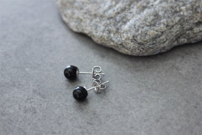 Boucles d'oreilles en onyx noir et argent massif 