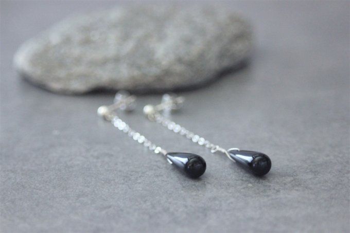 Boucles d'oreilles pendantes en onyx noir et argent massif  