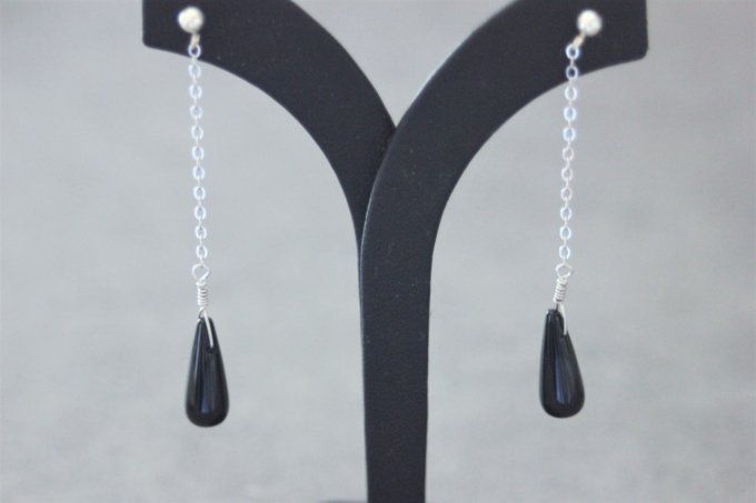 Boucles d'oreilles pendantes en onyx noir et argent massif  