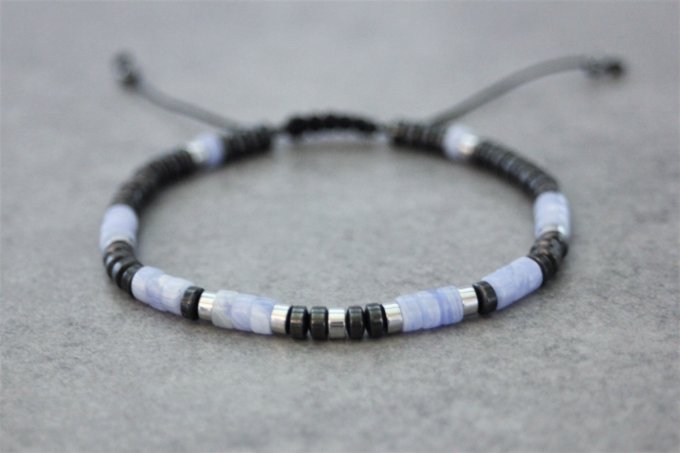 Bracelet perles heishi en calcédoine, hématite et hématite argentée