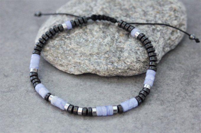 Bracelet perles heishi en calcédoine, hématite et hématite argentée