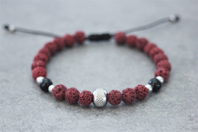 Bracelet perles pierre de lave rouge, onyx et perle acier inoxydable