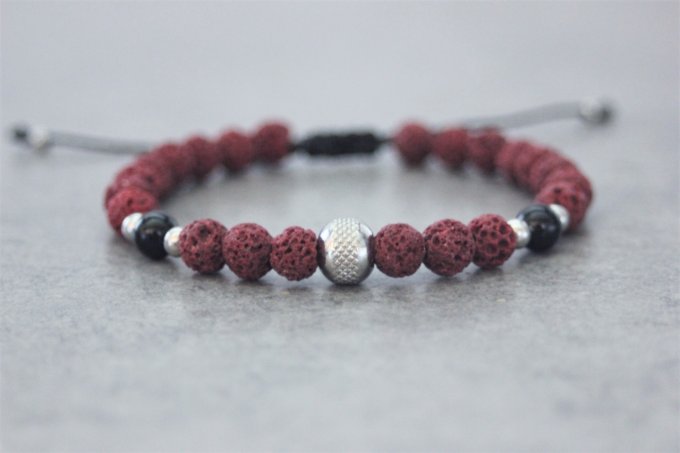 Bracelet perles pierre de lave rouge, onyx et perle acier inoxydable