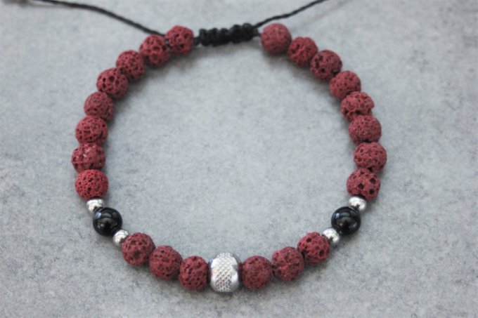 Bracelet perles pierre de lave rouge, onyx et perle acier inoxydable