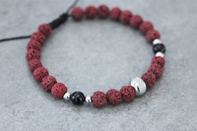 Bracelet perles pierre de lave rouge, onyx et perle acier inoxydable