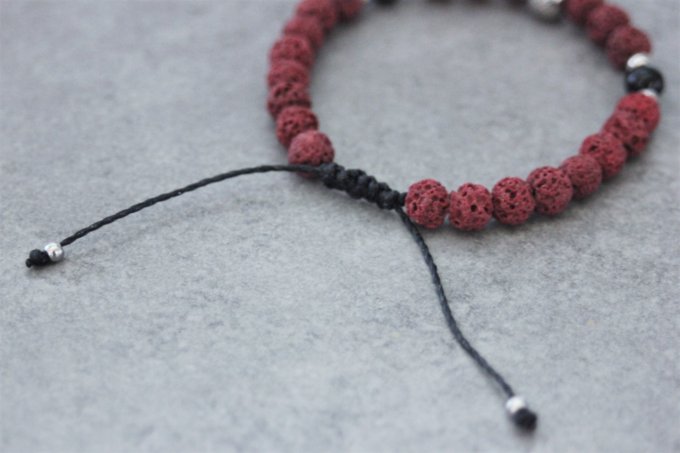 Bracelet perles pierre de lave rouge, onyx et perle acier inoxydable