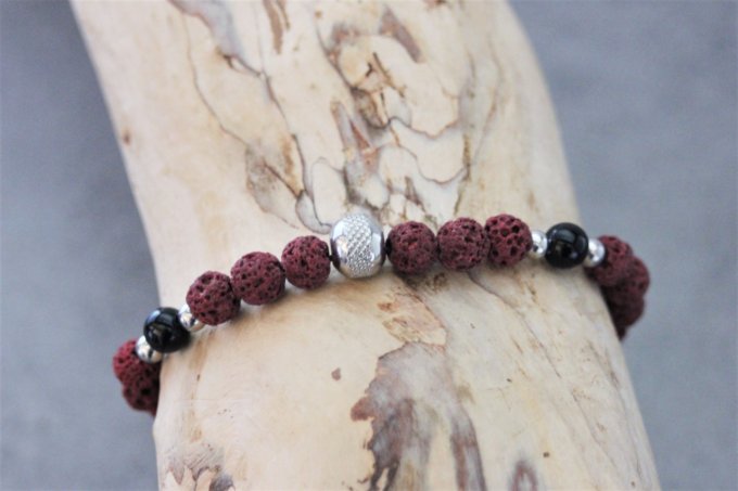 Bracelet perles pierre de lave rouge, onyx et perle acier inoxydable