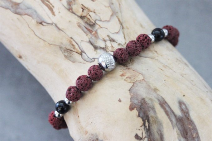 Bracelet perles pierre de lave rouge, onyx et perle acier inoxydable