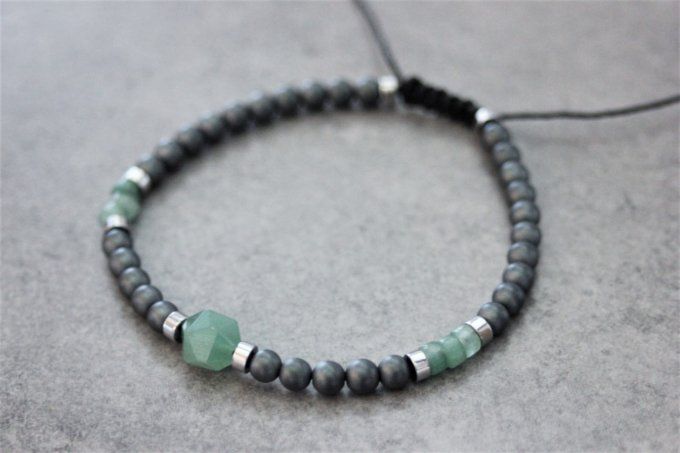 Bracelet perles hématite, hématite argenté et aventurine émeraude