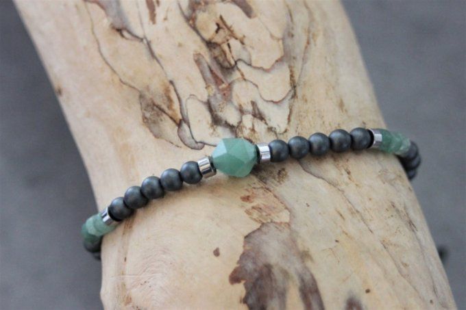 Bracelet perles hématite, hématite argenté et aventurine émeraude