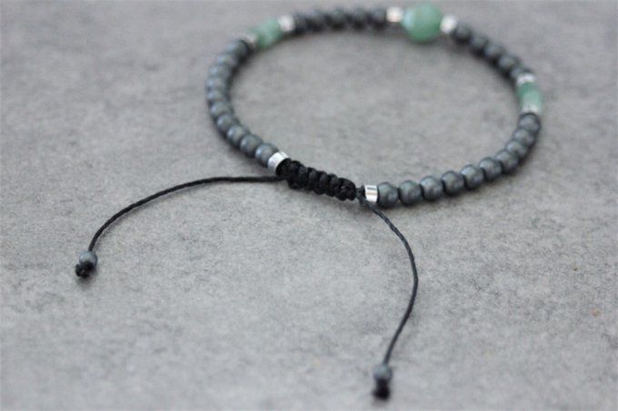 Bracelet perles hématite, hématite argenté et aventurine émeraude