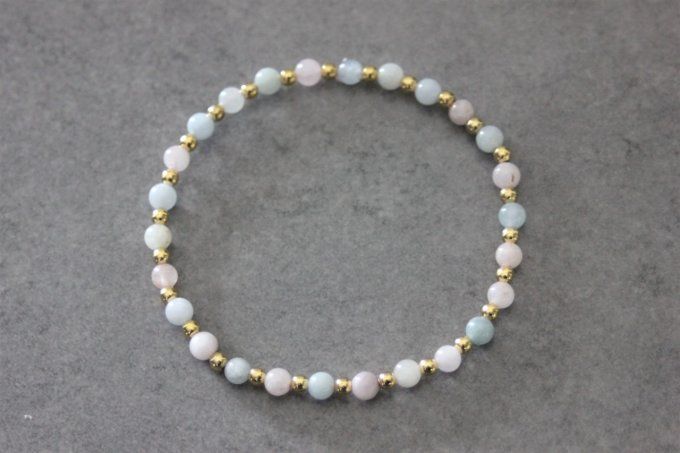 Bracelet perles en aigue marine, morganite et perles plaqué or