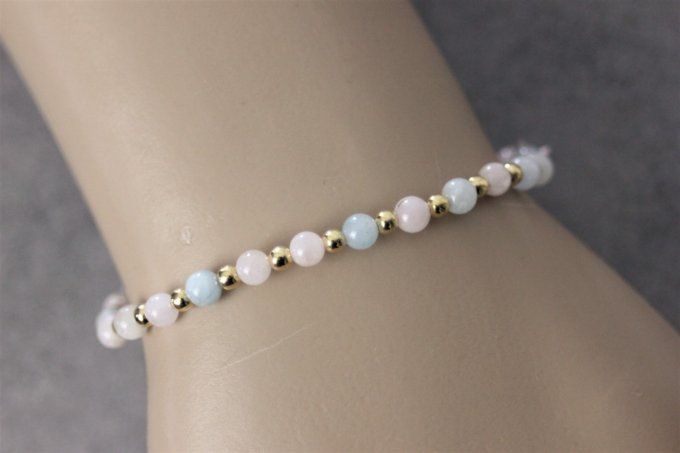 Bracelet perles en aigue marine, morganite et perles plaqué or