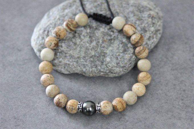 Bracelet perles jaspe paysage mat, perle de tahiti et argent massif