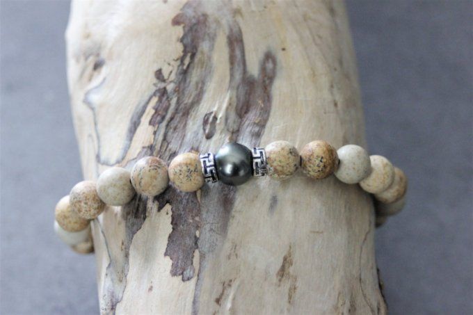 Bracelet perles jaspe paysage mat, perle de tahiti et argent massif