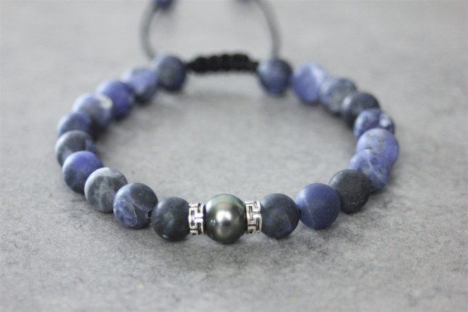 Bracelet perles sodalite, perle de tahiti et argent massif 