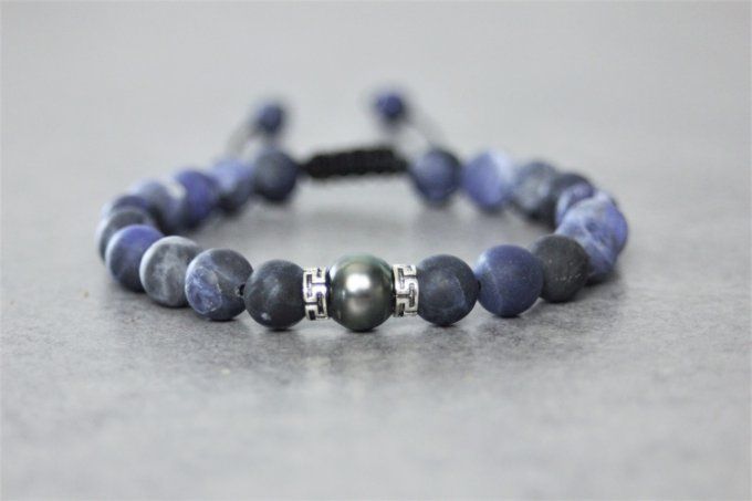 Bracelet perles sodalite, perle de tahiti et argent massif 