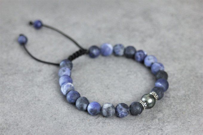 Bracelet perles sodalite, perle de tahiti et argent massif 