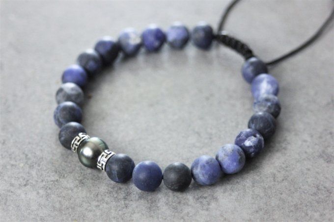 Bracelet perles sodalite, perle de tahiti et argent massif 