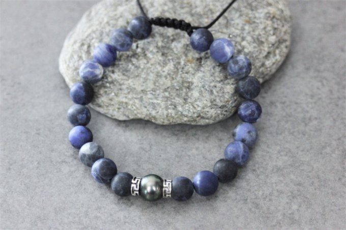 Bracelet perles sodalite, perle de tahiti et argent massif 