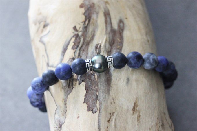 Bracelet perles sodalite, perle de tahiti et argent massif 