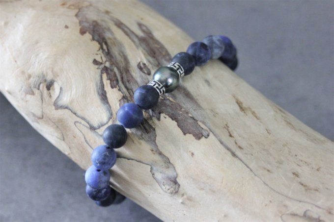 Bracelet perles sodalite, perle de tahiti et argent massif 