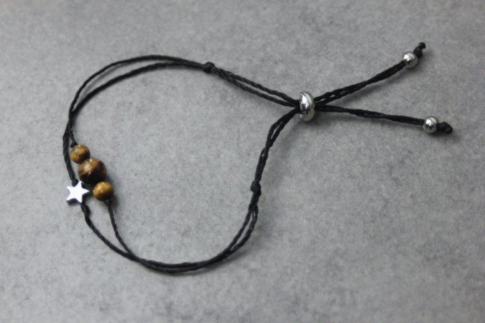 Bracelet cordon perles en œil de tigre, étoile hématite et perles acier