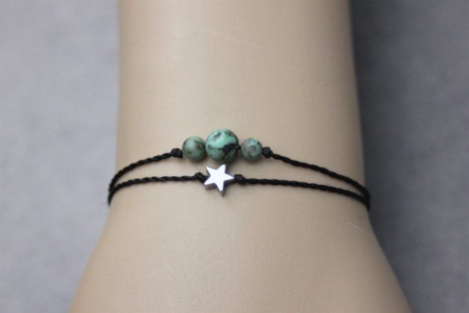 Bracelet cordon perles en turquoise africaine, étoile hématite et perles acier