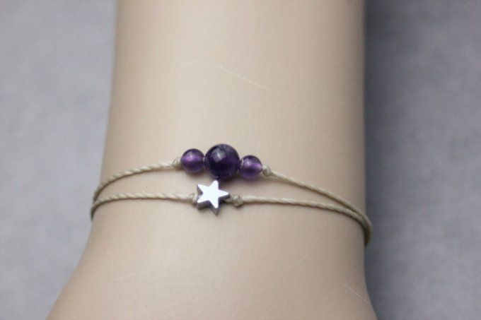 Bracelet cordon perles en améthyste, étoile hématite et perles acier