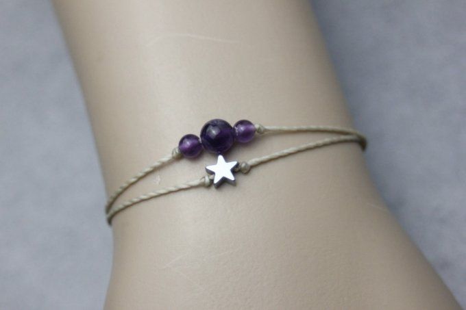 Bracelet cordon perles en améthyste, étoile hématite et perles acier