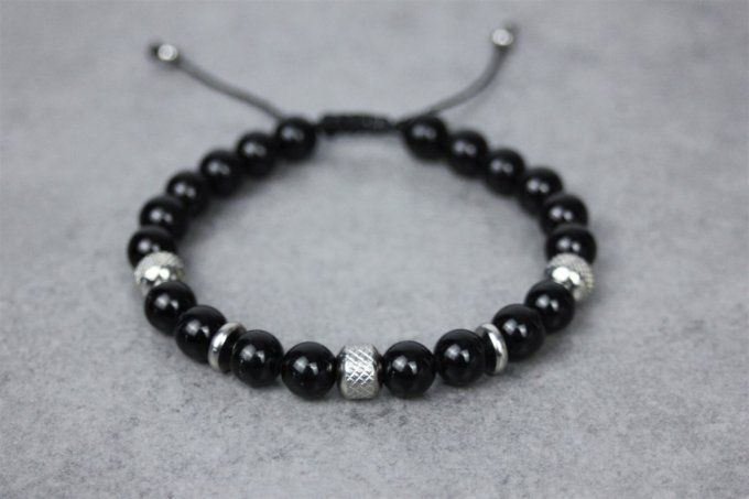 Bracelet perles onyx noir et acier inoxydable