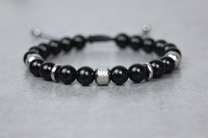 Bracelet perles onyx noir et acier inoxydable