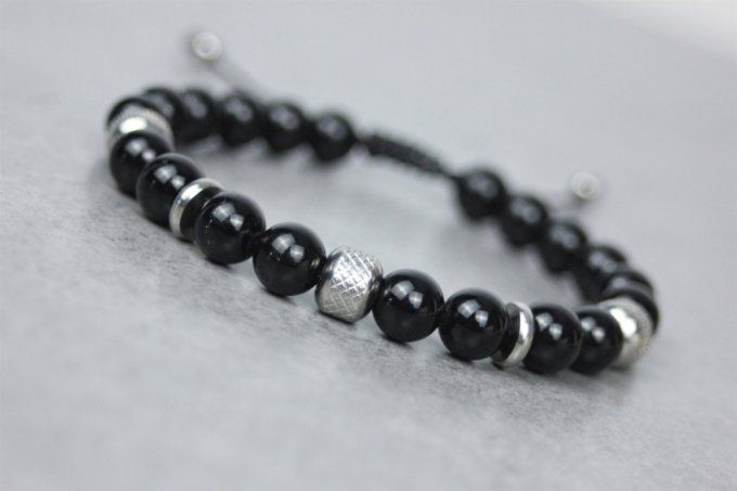 Bracelet perles onyx noir et acier inoxydable