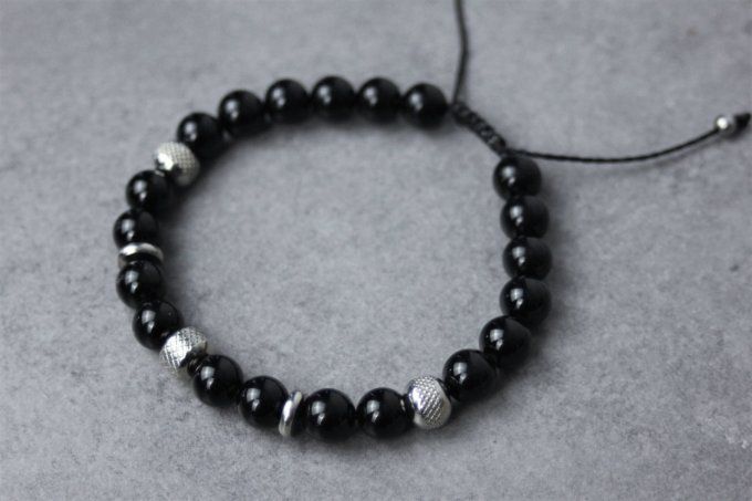 Bracelet perles onyx noir et acier inoxydable