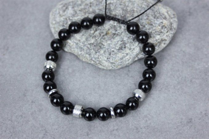 Bracelet perles onyx noir et acier inoxydable