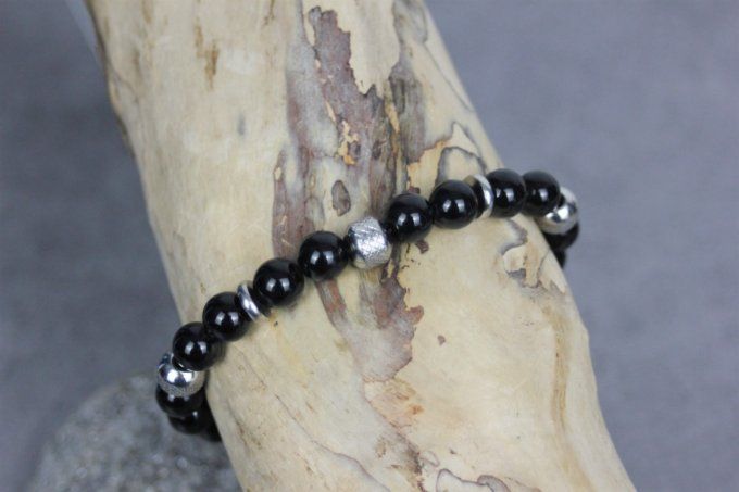 Bracelet perles onyx noir et acier inoxydable