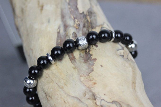 Bracelet perles onyx noir et acier inoxydable