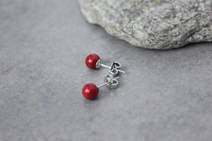 Boucles d'oreilles en corail rouge et argent massif 