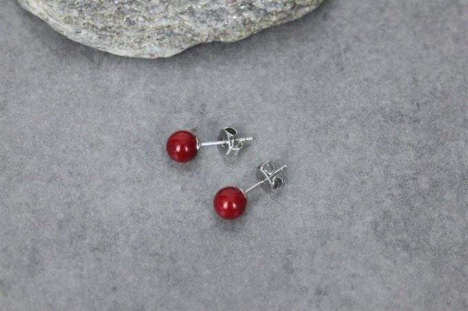 Boucles d'oreilles en corail rouge et argent massif 