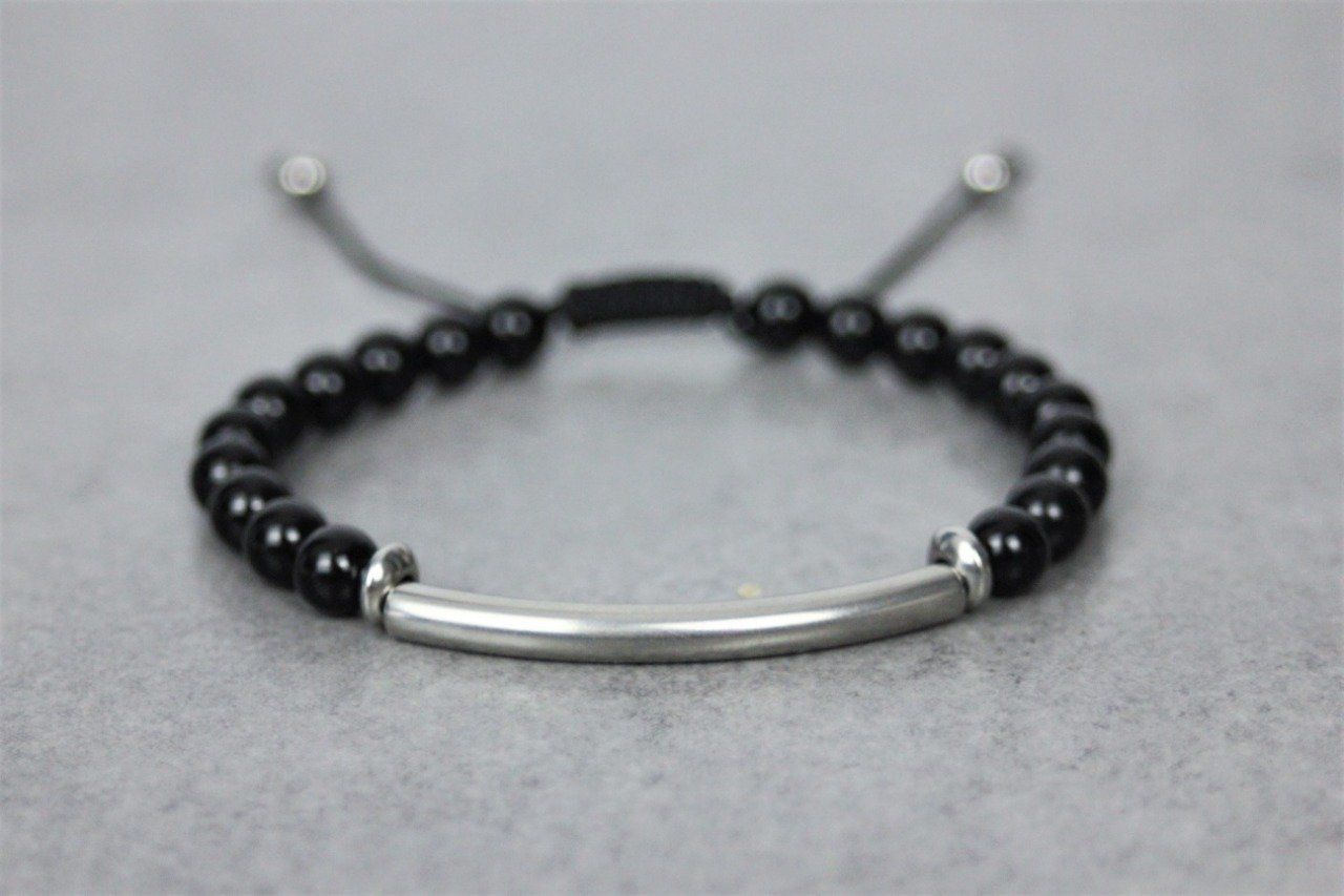 Bracelet perles onyx noir et perle tube acier inoxydable 
