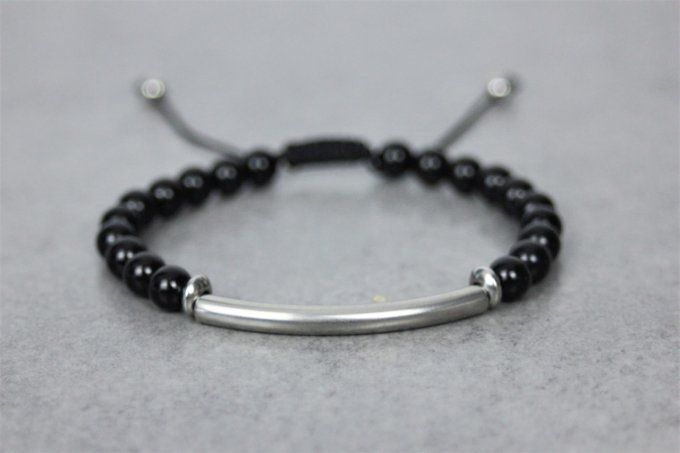 Bracelet perles onyx noir et perle tube acier inoxydable