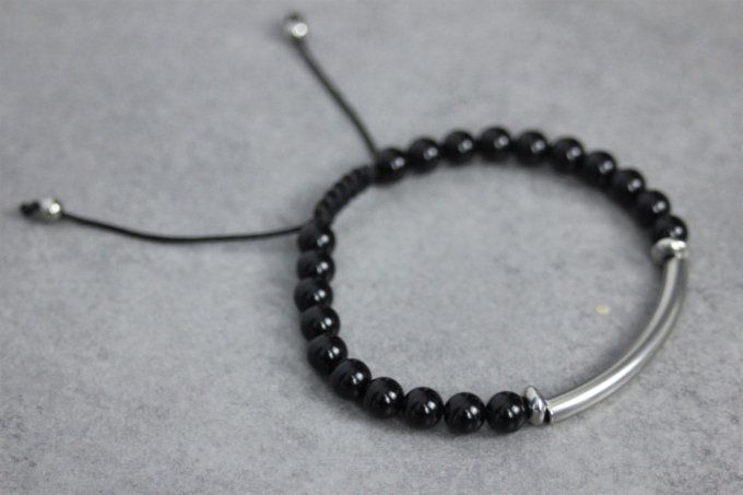 Bracelet perles onyx noir et perle tube acier inoxydable