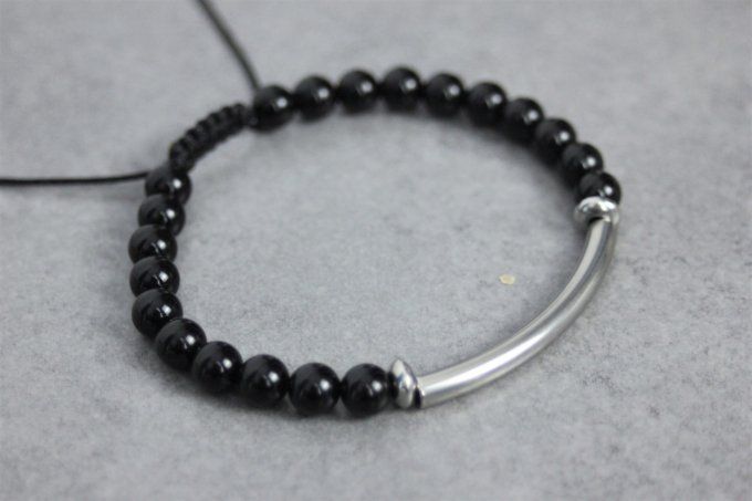 Bracelet perles onyx noir et perle tube acier inoxydable