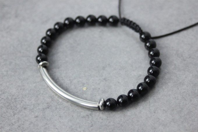 Bracelet perles onyx noir et perle tube acier inoxydable