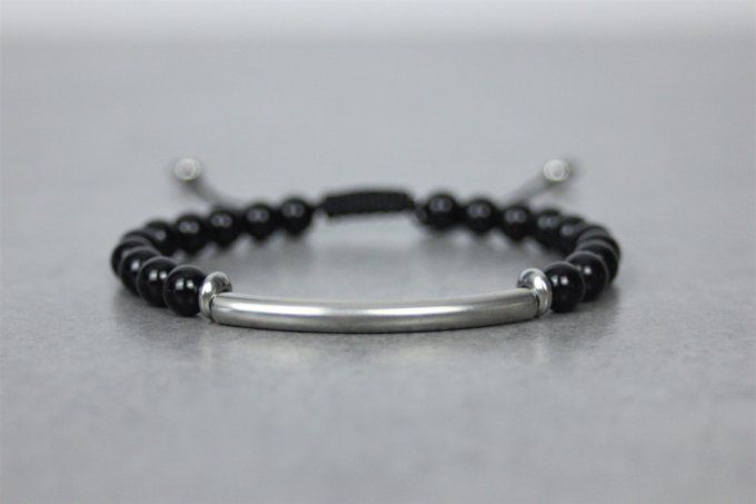 Bracelet perles onyx noir et perle tube acier inoxydable