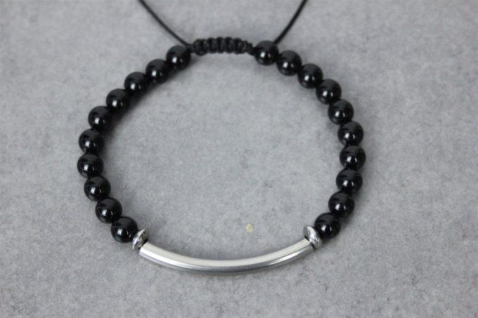 Bracelet perles onyx noir et perle tube acier inoxydable