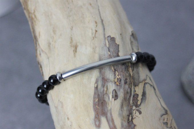 Bracelet perles onyx noir et perle tube acier inoxydable