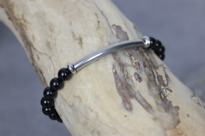 Bracelet perles onyx noir et perle tube acier inoxydable