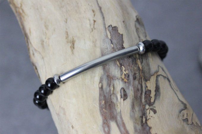 Bracelet perles onyx noir et perle tube acier inoxydable